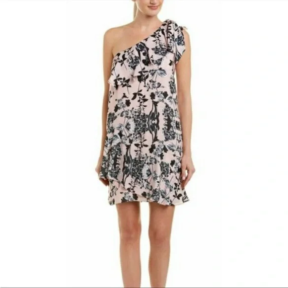 Parker Pink & Black Floral One Shoulder Ruffle Dress XS - Picture 1 of 7